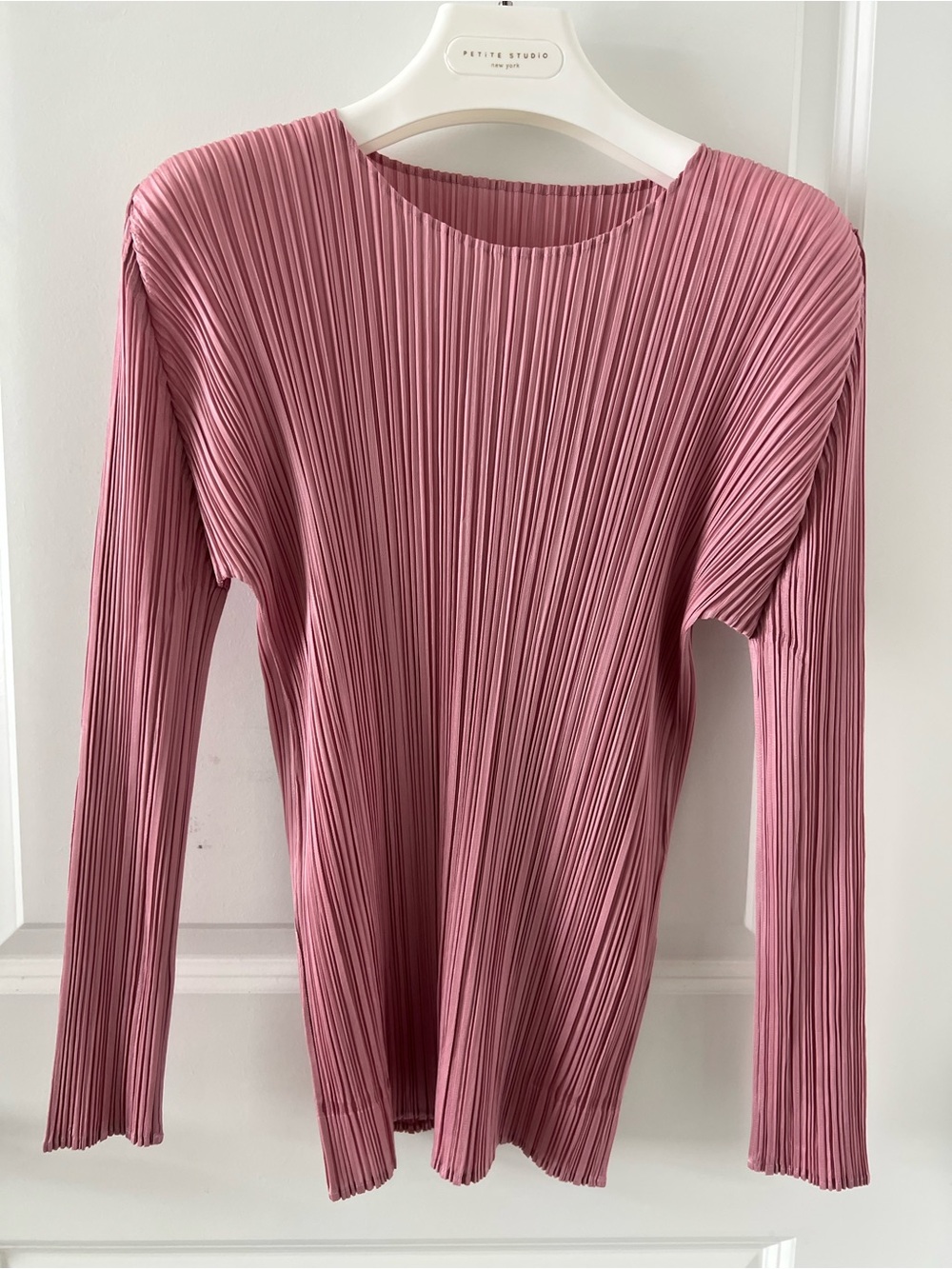 Pleated Long-Sleeve Crewneck Top - rose pink